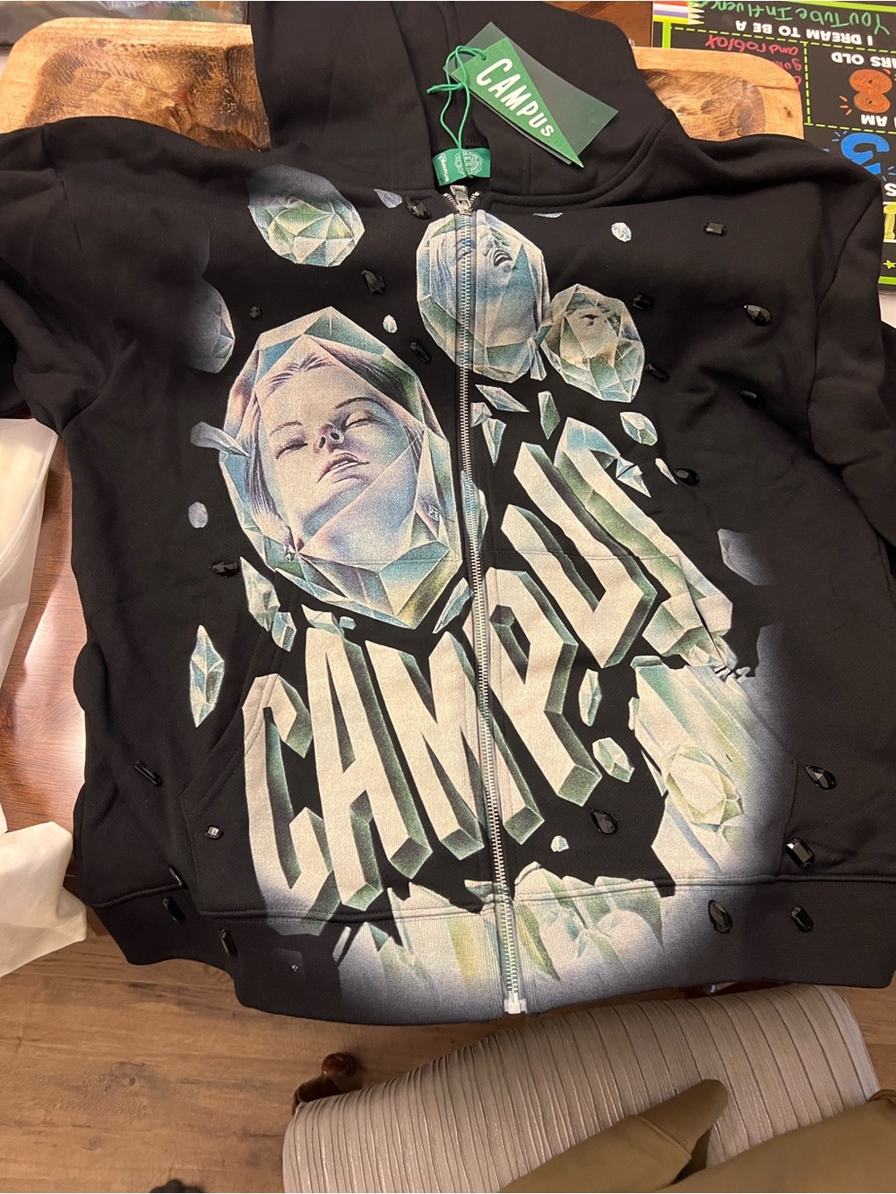 Campus Black Graphic Zip-Up Hoodie with Crystal Print